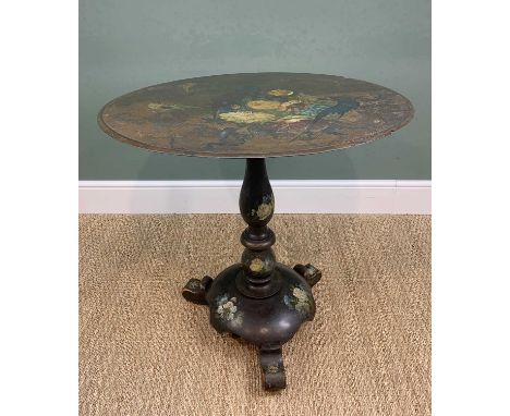 VICTORIAN PAINTED SLATE OCCASIONAL TABLE, the moulded circular slate top painted with exotic flowers and birds, on tilt-actio