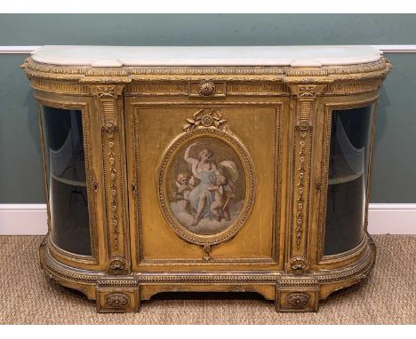 VICTORIAN GILTWOOD CREDENZA, shaped white marble top above panelled door centred with oval painted with an angel and two cupi