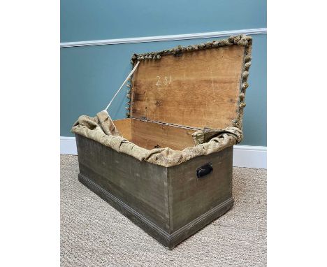 PAINTED PINE TRUNK with wrought iron carry handles, later upholstered top and sides, as an ottoman, 98cms wideComments: mater