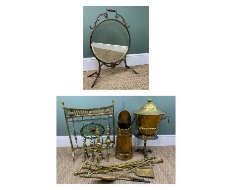 ASSORTED BRASS FIREPLACE FURNITURE, including George III tripod trivet, coal scuttle, logbin &amp; cover, two sets of fireiro