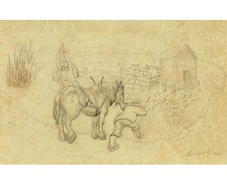 GILBERT SPENCER R.A. (British, 1892-1979) pencil drawing - farmer and dray horse, believed to be a preliminary pencil sketch 