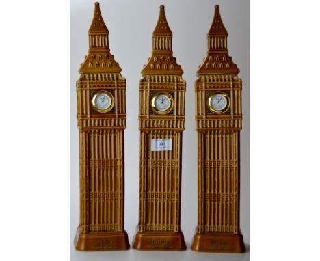 3 BIG BEN CERAMIC WHISKY DECANTERS WITH WORKING CLOCKS - EMPTY 