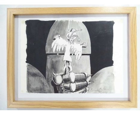 A pen, ink and watercolour cartoon sketch vendor states by TERRY GILLIAM and gifted to Bob McCabe - Provenance : the Bob McCa