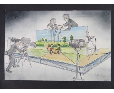 BOB BELL (1918 - 2009) - A pencil and water colour sketch No 1 of 'The Evolution of Supermarionation' - A scene from the earl