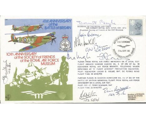 Nine Battle of Britain pilots signed 41st ann BOB cover. Autographs include John Gibson, Archie Winskill, Gordon Benn, Alec I