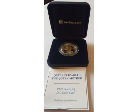 1999 Guernsey Queen Mother Proof Gold £50 Coin 24 ct 1/2oz in Westminster presentation case with certificate numbered. In Min