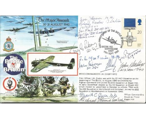 Ten Battle of Britain participants signed 50th ann BOB cover The Major Assault RAFA12. Autographs include Wg Cdr I Cosby, Grp