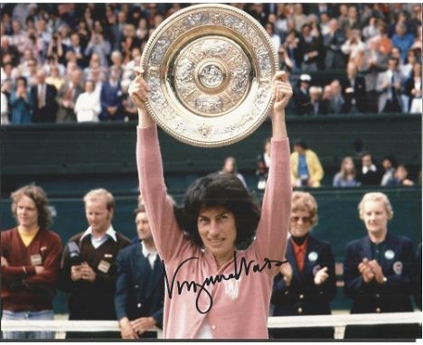 Virginia Wade signed photo. Colour 8x10 photo autographed by tennis legend Virginia Wade, seen here after winning Wimbledon i
