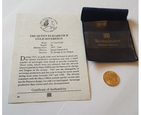 1966 QEII 8gms 22 ct Gold Sovereign in Westminster blue presentation case with certificate. In very good condition. All items