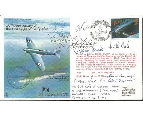 Battle of Britain Multisigned 50th ann first flight of the Spitfire cover. Autographs includes Nigel Rose, Neville Duke, Pete