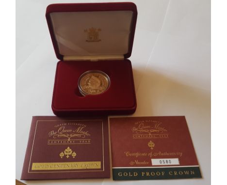 2000 Queen Mother Gold Proof Centenary Coin Royal Mint, Five Pounds 22ct (39.94g), boxed with certificate and outer box and c