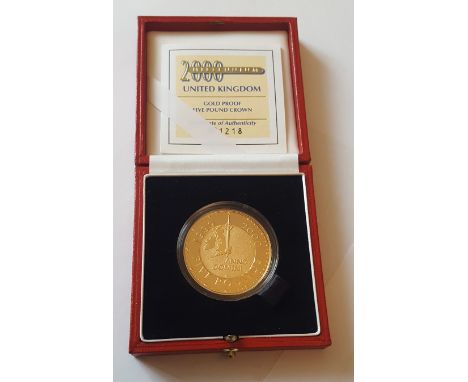 2000 Five Pound Millennium Proof Gold Coin 22 ct 39.94gms in Royal Mint presentation case with certificate numbered 1218. In 