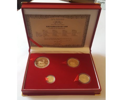 1999 Krugerrand set Gold coins in SA Mint red presentation case. All 22ct 1oz 33.9 gms, 1/2oz 16.966 gms, 1/4oz 8.48gms, 1/10