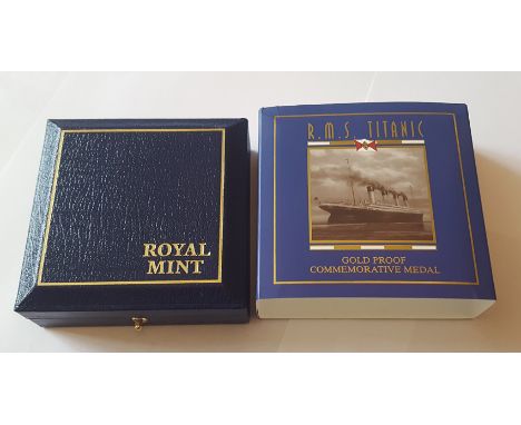 1997 Titanic 47.54gms 22 ct Gold Proof Coin in Royal Mint blue presentation case with certificate numbered 0067. In very good