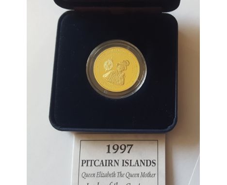 1997 Pitcairn Islands Queen Mother Proof Gold $75 Coin 14 ct 7.78gm in Westminster presentation case with certificate. In Min