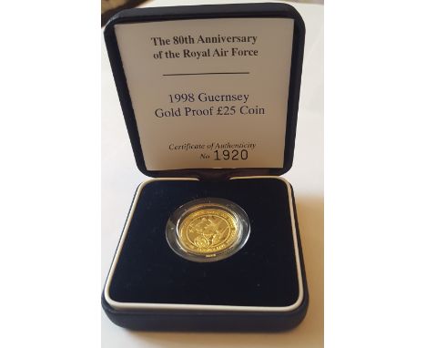 1998 Guernsey Queen Mother Proof Gold £25 Coin 24 ct 7.9gm in Westminster presentation case with certificate numbered. In Min