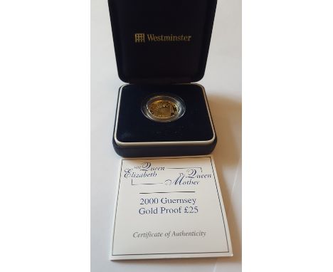 2000 Guernsey Queen Mother Proof Gold £25 Coin 24 ct 7.9gm in Westminster presentation case with certificate numbered. In Min