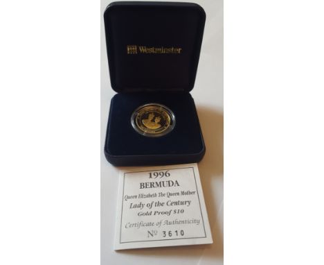 1996 Bermuda Queen Elizabeth Proof Gold $10 Coin 14 ct 7.78gm in Westminster presentation case with certificate. In Mint cond