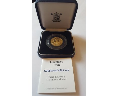 1998 Guernsey Queen Mother Proof Gold £50 Coin 24 ct 1/2oz in Westminsterpresentation case with certificate numbered. In Mint