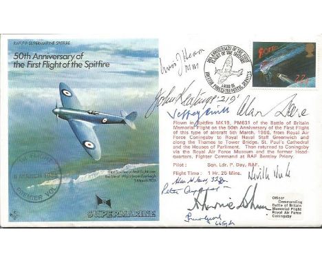 Nine Fighter aces signed 50th ann first flight of the Spitfire cover. Autographs include Alan Deere, Johnnie Johnson, Trevor 