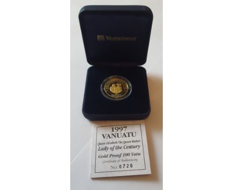 1997 Vanuatu Queen Mother Proof Gold 100 Vatu Coin 14 ct 7.78gm in Westminster presentation case with certificate. In Mint co