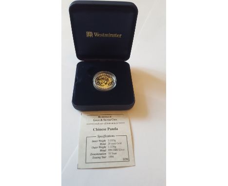 1994 Chinese Panda Bi Mettallic Gold Silver coin. 3.1gm 24 ct gold inner and 1.1gm Silver outer. 10 Yuan in Westminster prese