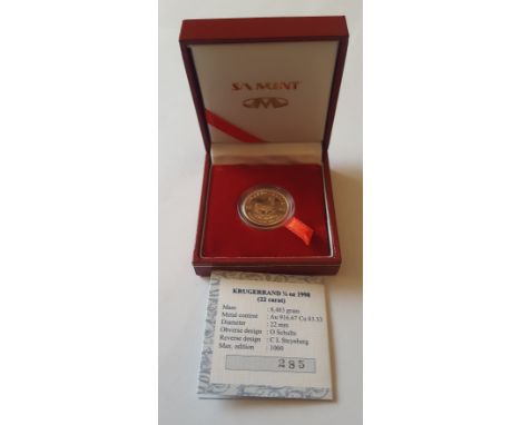 1998 Krugerrand Gold Coin 22 ct 1/4oz in SA Mint presentation case with certificate numbered 285. In Mint condition in plasti