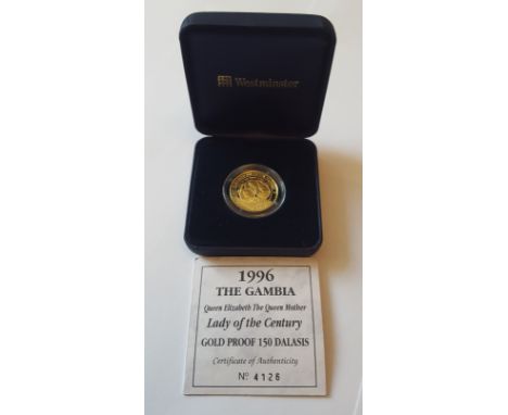1996 The Gambia Queen Mother Proof Gold 150 Dalasis 14 ct 7.78gm in Westminster presentation case with certificate. In Mint c