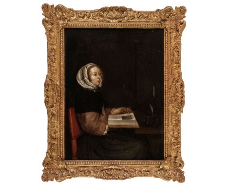 * Dutch School. Young Woman Reading at a Table, circa 1680-1720, oil on wood panel, depicting a young woman seated at a table