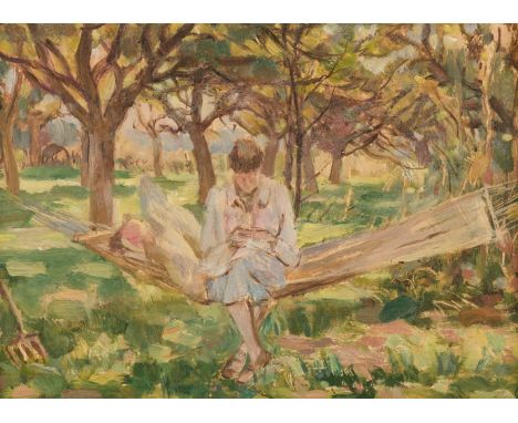* Bloomsbury School. The Hammock, circa 1920, oil on board, depicting an orchard scene with a woman sitting on a hammock, a g