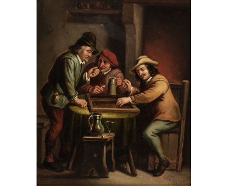 * After David Teniers the Younger (1610-1690). Peasants in a Tavern playing Backgammon, 19th century, good-quality oil on cop