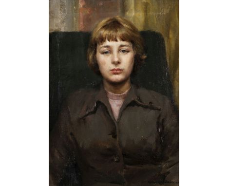 * Goodwin (Robin, 1909-1997). Girl with a Fringe, 1950, oil on canvas, half-length portrait of a seated young woman, with cro