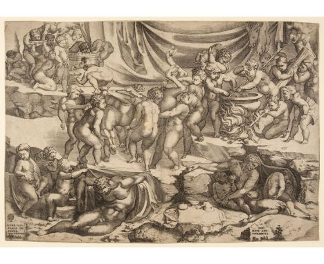 * Vico (Enea, 1523-1567). Infant Bacchanal with putti carrying an Ass, after Michelangelo, 1546, engraving, a very good impre