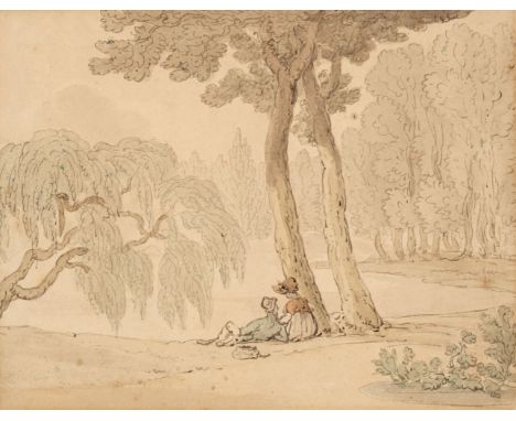 * Rowlandson (Thomas, 1757-1827). Landscape with young couple by a lake, circa 1810, watercolour with pen and black ink, laid