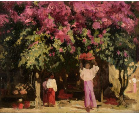 * Post Impressionist School. Figures under a Tree, circa 1910, oil on thin wood panel, depicting five figures under a purple 