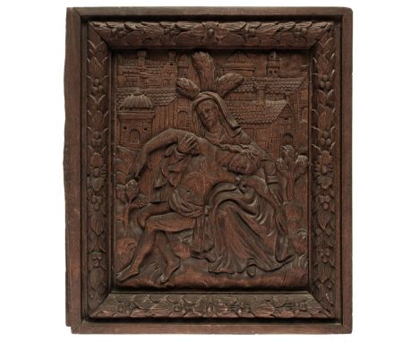 * Wood Relief Sculpture. The Coronation of the Virgin, &amp; The Pieta, possibly 18th century, two wooden panels carved in hi