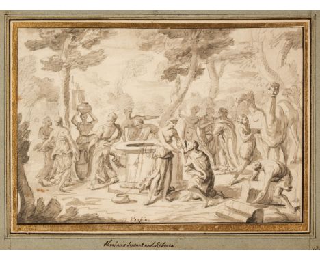 * Follower of Nicolas Poussin (1594-1665). Abraham and Rebecca at the Well, point of the brush and grey-brown wash over black
