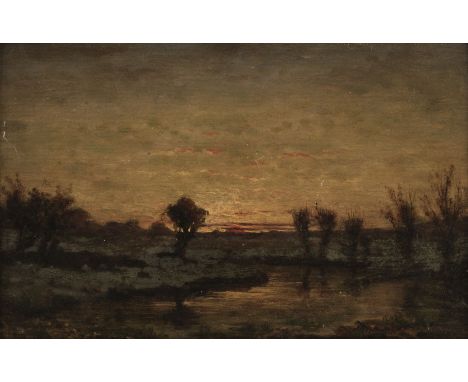 * Attributed to Charles François Daubigny (1817-1878). Willows by a Stream, oil on wood panel, depicting a sunset between tre
