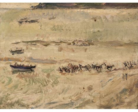* Walker (Ethel, 1861-1951). Beachscape, probably Robin Hood's Bay, oil on thin chamfered wood panel, depicting a lifeboat at
