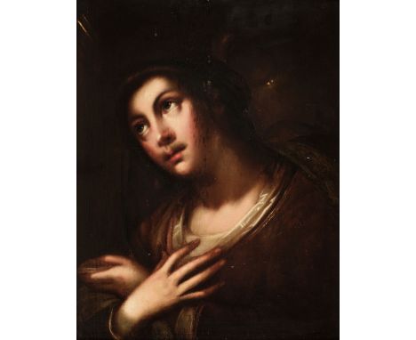 * Manner of Carlo Dolci (1616-1686). Virgin Mary in Prayer, oil on wood panel, with old (probably later 18th century) handwri