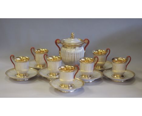 Early 19th Century Darte Freres Paris porcelain gilded part coffee service, comprising lidded sucriere, seven coffee cups and