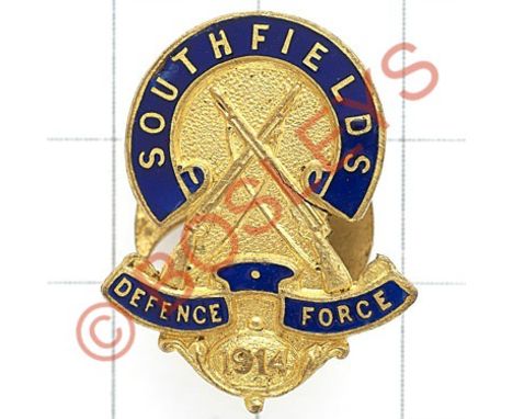 Southfields Defence Force 1914 WWI enamelled VTC lapel badge.Blue horseshoe scroll 'Southfields' over crossed rifles on 'Defe