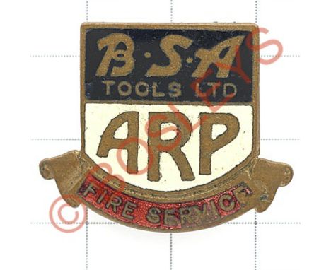 British Small Arms Tools Ltd. ARP Fire Service enamel lapel badge Black and white shield over red 'Fire Service' scroll.  Tho