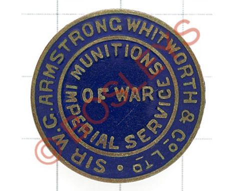 WWI Sir W.G. Armstrong Whitworth & Co. Munitions On War Service enamel lapel badge Reverse stamped with issue number  Buttonh