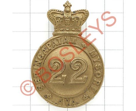 Indian Army. 22nd Regt. of Madras Infantry Victorian pagri badge  circa 1885-1901.Scarce die-stamped brass British made examp