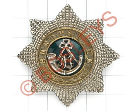 King's Shropshire LI post 1882 Officer's forage cap star.A fine example in silver, gilt and green enamel.  Brooched VGC 