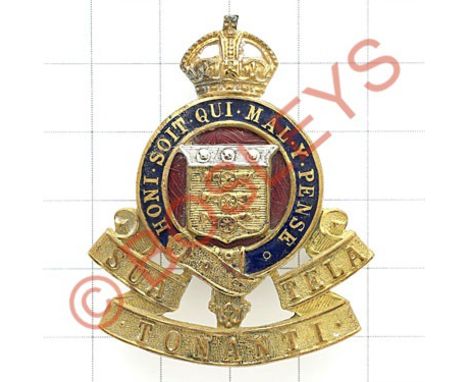 Royal Army Ordnance Corps Officer's cap badge circa 1947-49.A fine gilt and enamel large pattern with 'Tonanti' scroll. Rever