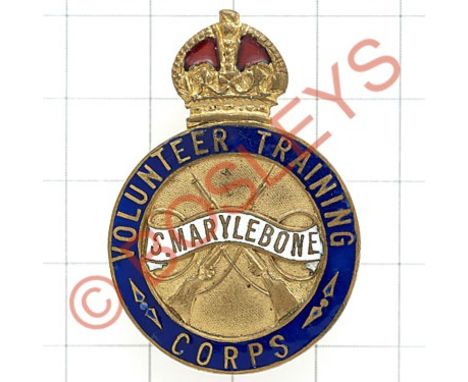 St. Marylebone Volunteer Training Corps WW1 VTC lapel badge.Crowned circlet with red, white and blue enamel  Buttonhole VGC 