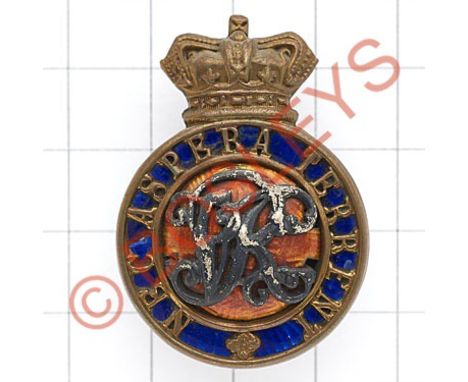 Royal Military College, Sandhurst Victorian Officer Cadet's cap badge.Crowned pierced circlet 'Nec Aspera Terrent'' on blue e