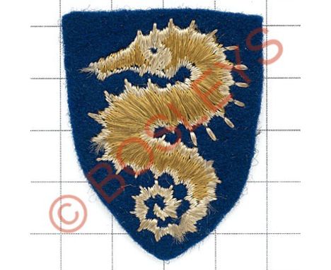 27th Armoured Brigade embroidered formation sign.  Seahorse on blue felt shield.   VGC Landed in Normandy on D Day as part of